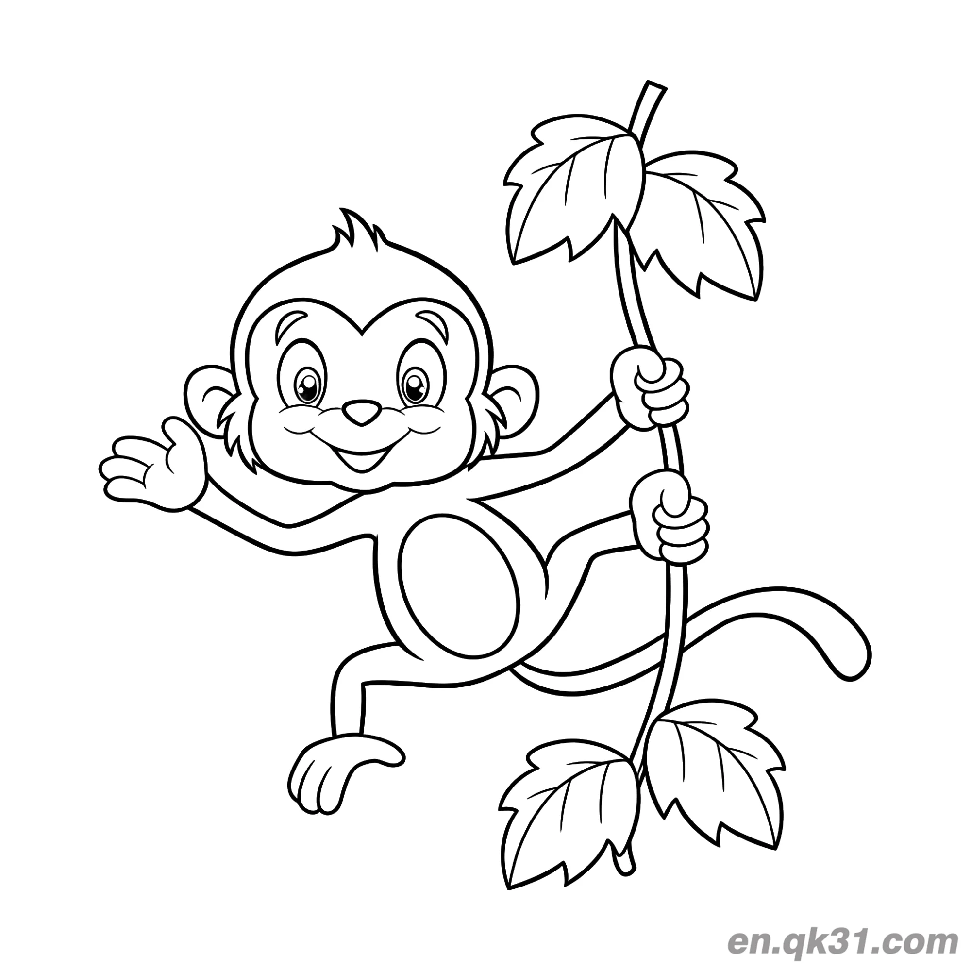 Cartoon Monkey Swinging on a Vine and Waving Coloring Page – Free Printable Coloring Page for Kids and Adults
