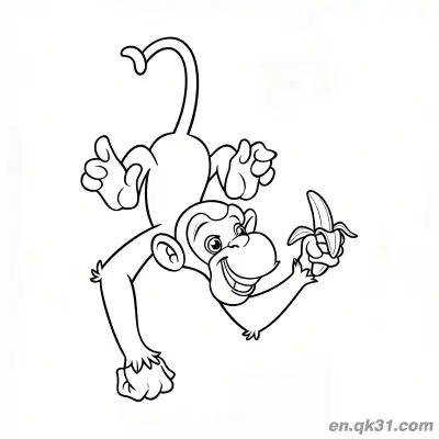 Free printable Cartoon Monkey with Long Nose Hanging Upside Down with a Banana Coloring Page coloring page