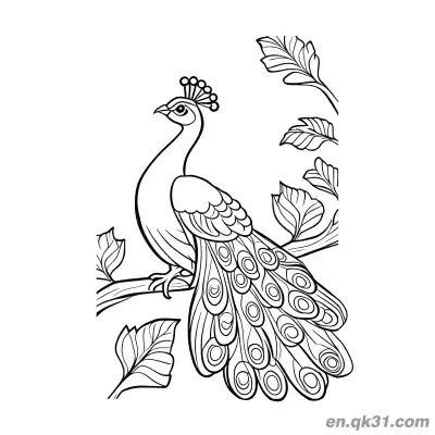 Free printable Cartoon Peacock Perched Among Tree Leaves and Branches Coloring Page coloring page