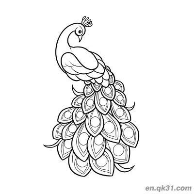 Free printable Cartoon Peacock with Bowed Head and Layered Tail Feathers Coloring Page coloring page