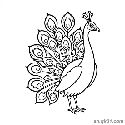 Free printable Cartoon Peacock with Side Spread Tail and Detailed Eye Spots Coloring Page coloring page