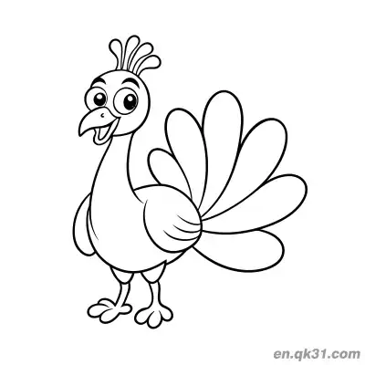Free printable Cartoon Peacock with Smiling Face and Round Tail Feathers Coloring Page coloring page