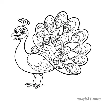 Free printable Cute Cartoon Peacock Smiling with Fully Spread Tail Coloring Page coloring page