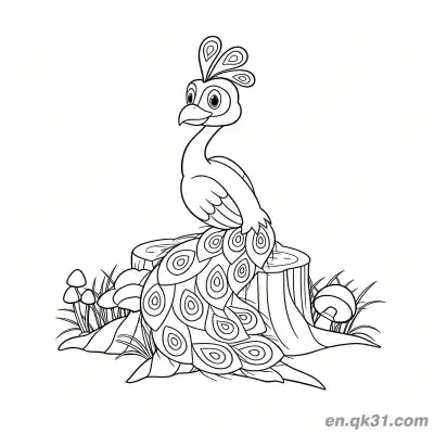 Free printable Cute Peacock Sitting on a Tree Stump with Mushrooms Coloring Page coloring page