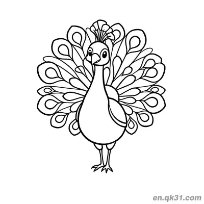 Free printable Simple Outline Cartoon Peacock with Spread Tail Feathers Coloring Page coloring page