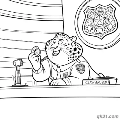 Free printable Clawhauser Desk Donut Break Moment Coloring Page coloring page