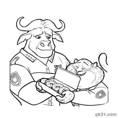 Free printable Clawhauser Sharing Donut Box with Chief Bogo Coloring Page coloring page