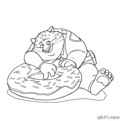 Free printable Clawhauser Lounging with Donut Coloring Page coloring page
