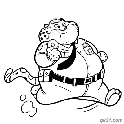 Free printable Clawhauser Jogging While Eating Donut Coloring Page coloring page