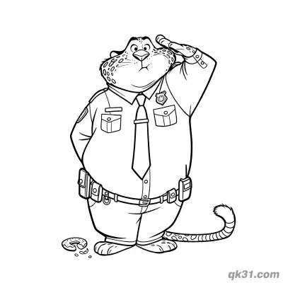 Free printable Clawhauser Saluting with Donut in Paw Coloring Page coloring page