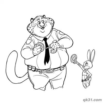 Free printable Clawhauser Sharing Donuts with Judy Hopps Coloring Page coloring page