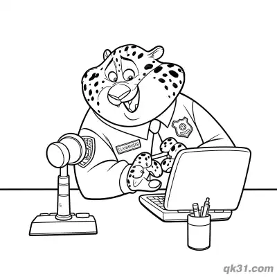 Free printable Clawhauser Typing at Police Desk Coloring Page coloring page